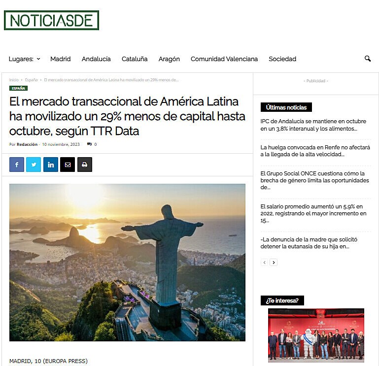 El mercado transaccional de Amrica Latina ha movilizado un 29% menos de capital hasta octubre, segn TTR Data